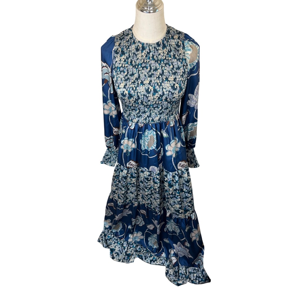 Tuckernuck Blue Floral Smocked Bodice Tiered Maxi Dress Long Sleeve XS - Picture 5 of 9